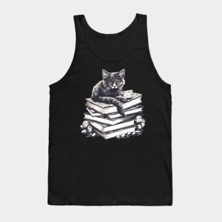 Bookish cat sleeping on books - Kitten lady & librarian gift Tank Top